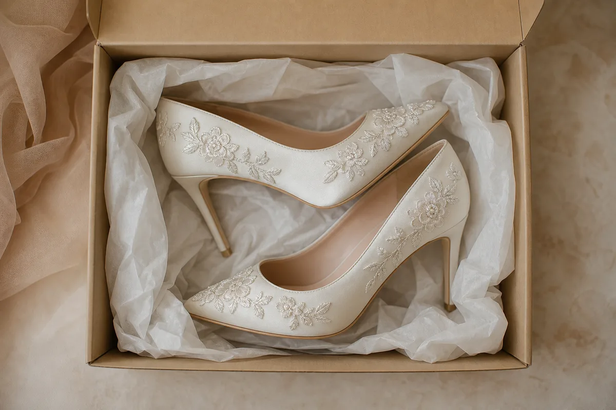 Boîte à chaussures ouverte avec une paire d’escarpins de mariée rangée sur du papier de soie