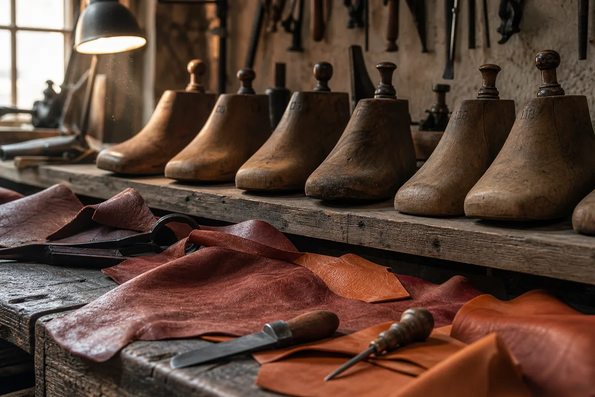 Atelier de bottier avec formes en bois numérotées alignées sur une étagère, cuirs et outils de coupe