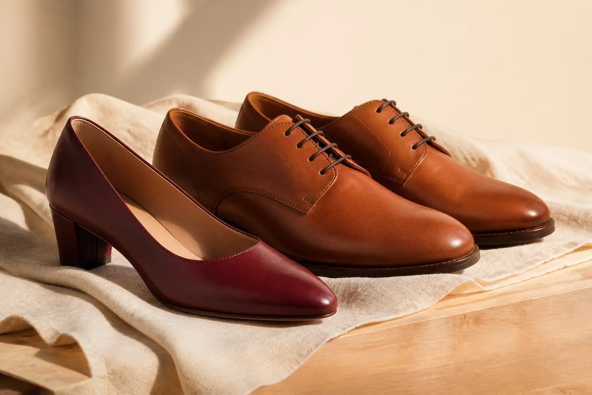 Escarpin en cuir souple et paire de derbies à laçage posés côte à côte sur un plateau de bois