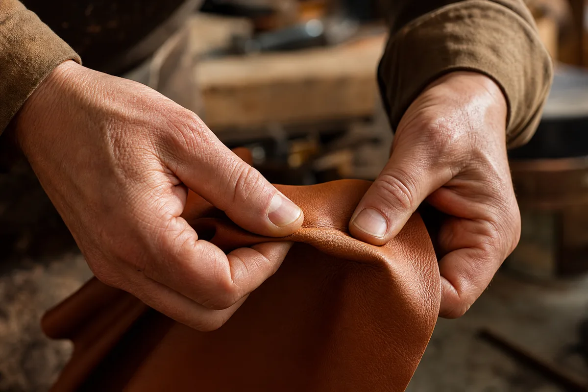 Mains d artisan pliant un morceau de cuir entre le pouce et l index dans un atelier