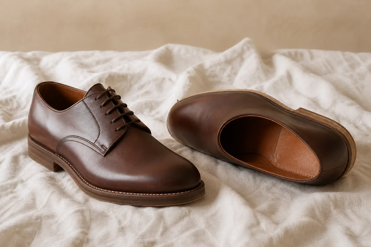 Chaussures en cuir retournées montrant la doublure interieure et les coutures sur un drap de coton