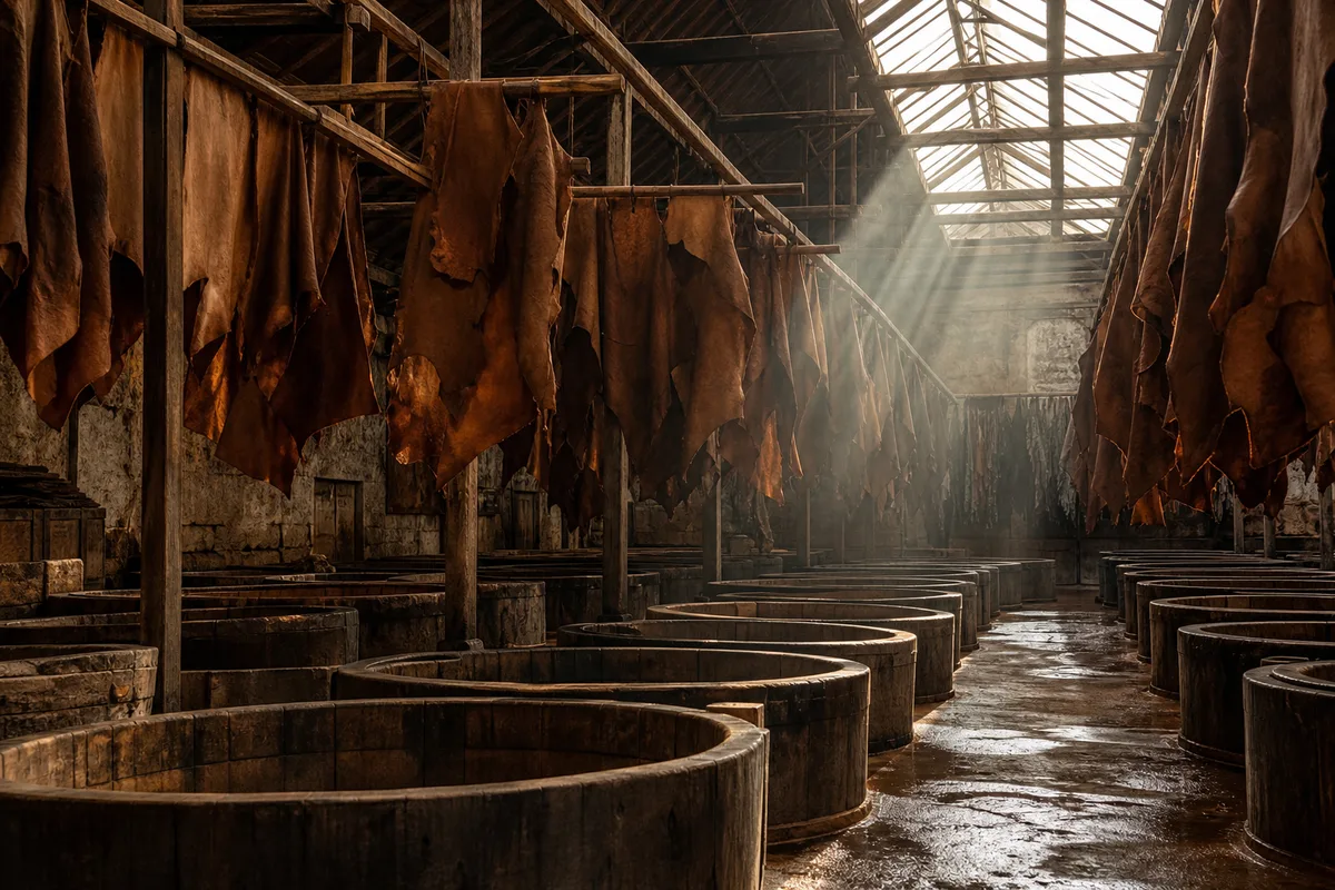 Cuves de tannage en bois et peaux suspendues dans une tannerie traditionnelle